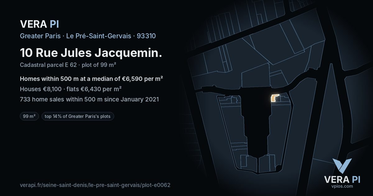 10 Rue Jules Jacquemin, Le Pré-Saint-Gervais at night – the plot lit, the parcels around coloured by the prices near them