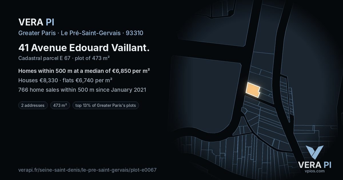 41 Avenue Edouard Vaillant, Le Pré-Saint-Gervais at night – the plot lit, the parcels around coloured by the prices near them