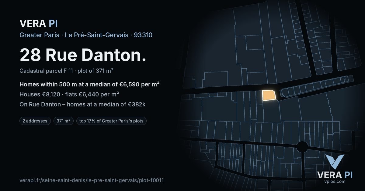 28 Rue Danton, Le Pré-Saint-Gervais at night – the plot lit, the parcels around coloured by the prices near them