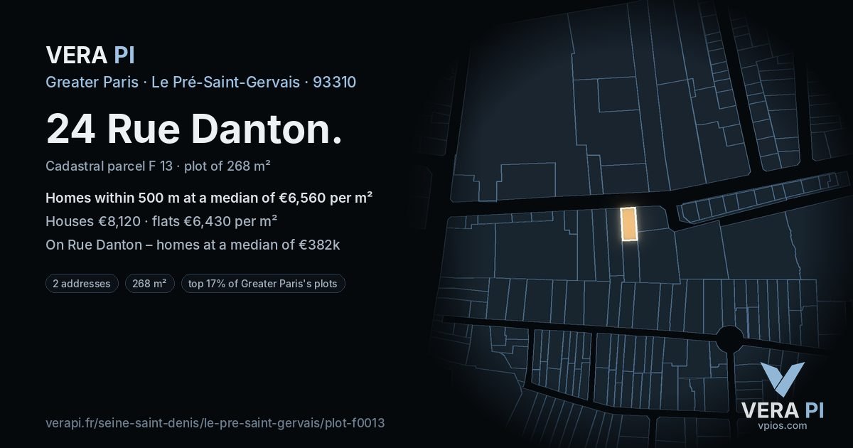24 Rue Danton, Le Pré-Saint-Gervais at night – the plot lit, the parcels around coloured by the prices near them