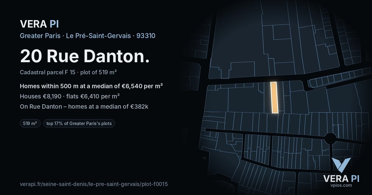 20 Rue Danton, Le Pré-Saint-Gervais at night – the plot lit, the parcels around coloured by the prices near them