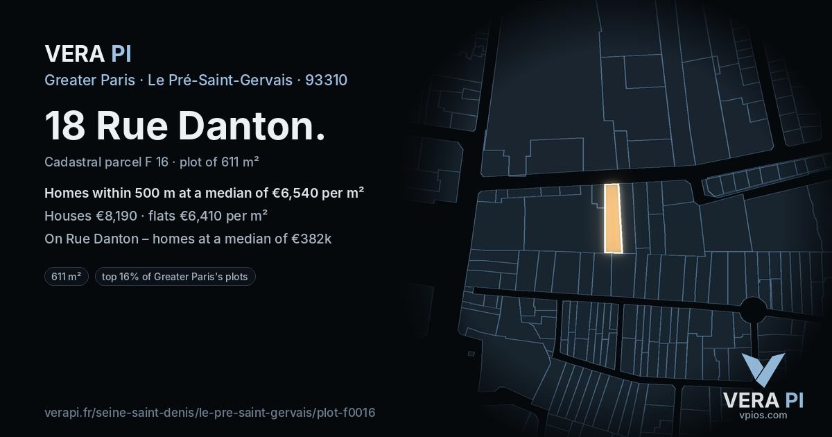 18 Rue Danton, Le Pré-Saint-Gervais at night – the plot lit, the parcels around coloured by the prices near them
