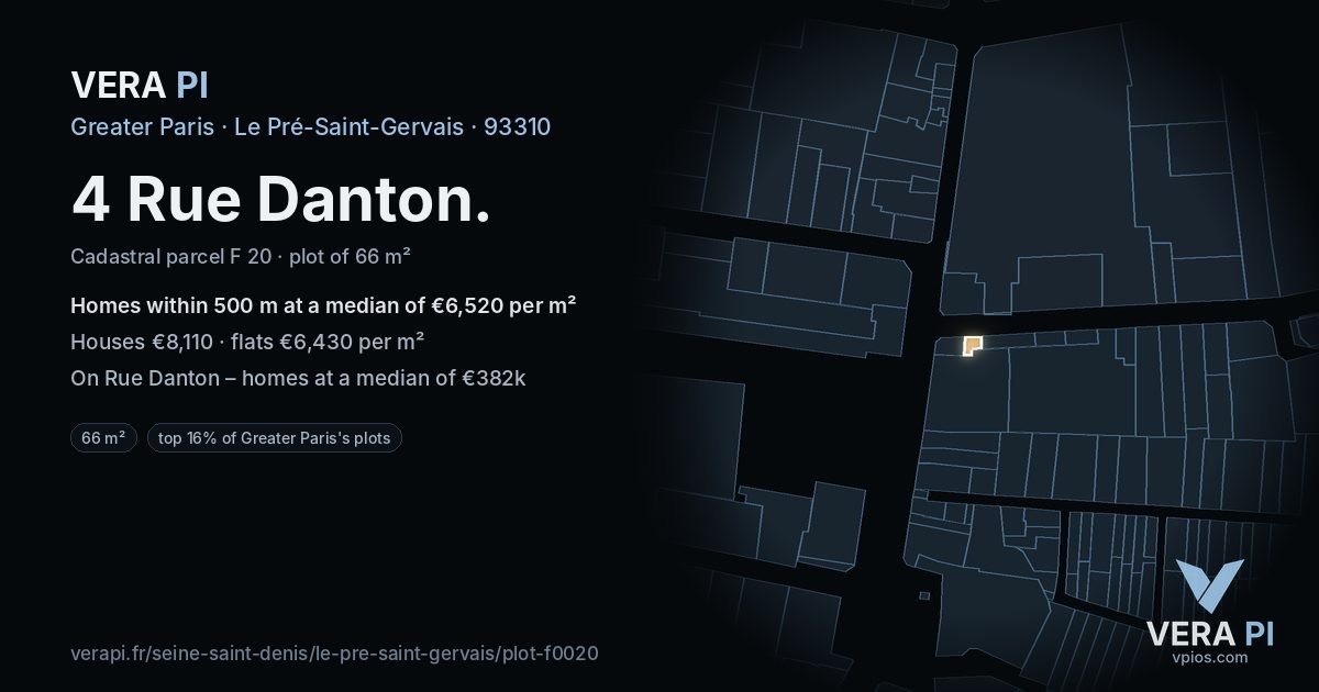 4 Rue Danton, Le Pré-Saint-Gervais at night – the plot lit, the parcels around coloured by the prices near them
