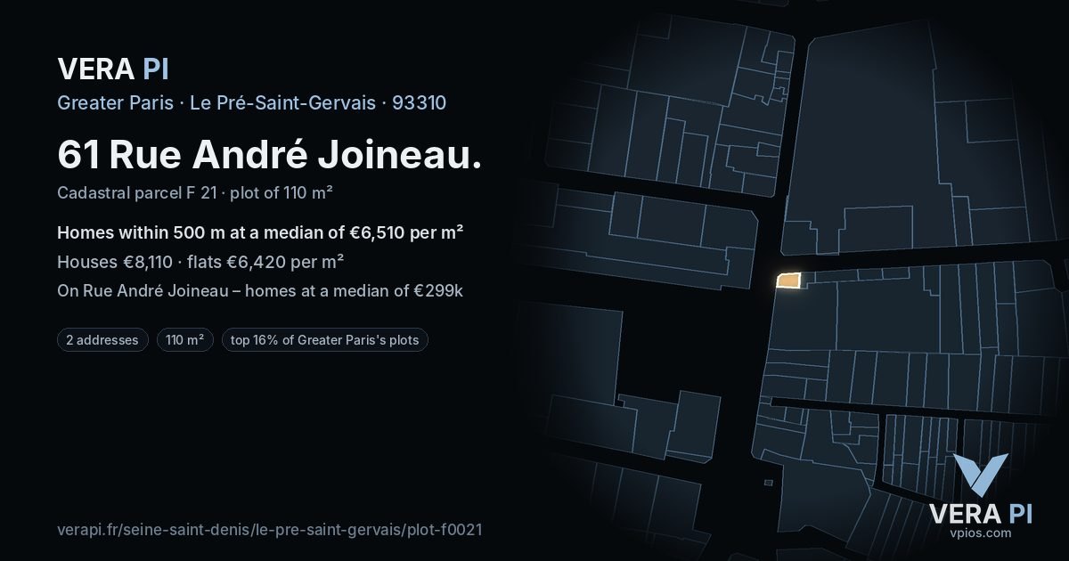 61 Rue André Joineau, Le Pré-Saint-Gervais at night – the plot lit, the parcels around coloured by the prices near them