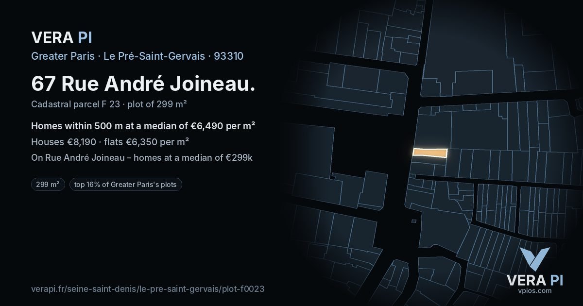 67 Rue André Joineau, Le Pré-Saint-Gervais at night – the plot lit, the parcels around coloured by the prices near them