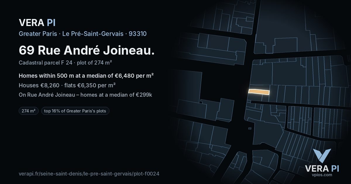 69 Rue André Joineau, Le Pré-Saint-Gervais at night – the plot lit, the parcels around coloured by the prices near them