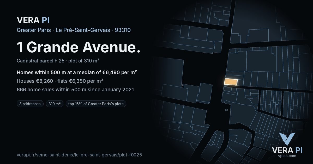 1 Grande Avenue, Le Pré-Saint-Gervais at night – the plot lit, the parcels around coloured by the prices near them