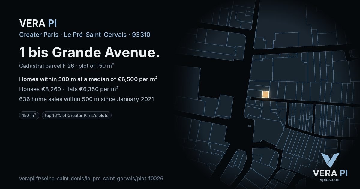 1 bis Grande Avenue, Le Pré-Saint-Gervais at night – the plot lit, the parcels around coloured by the prices near them
