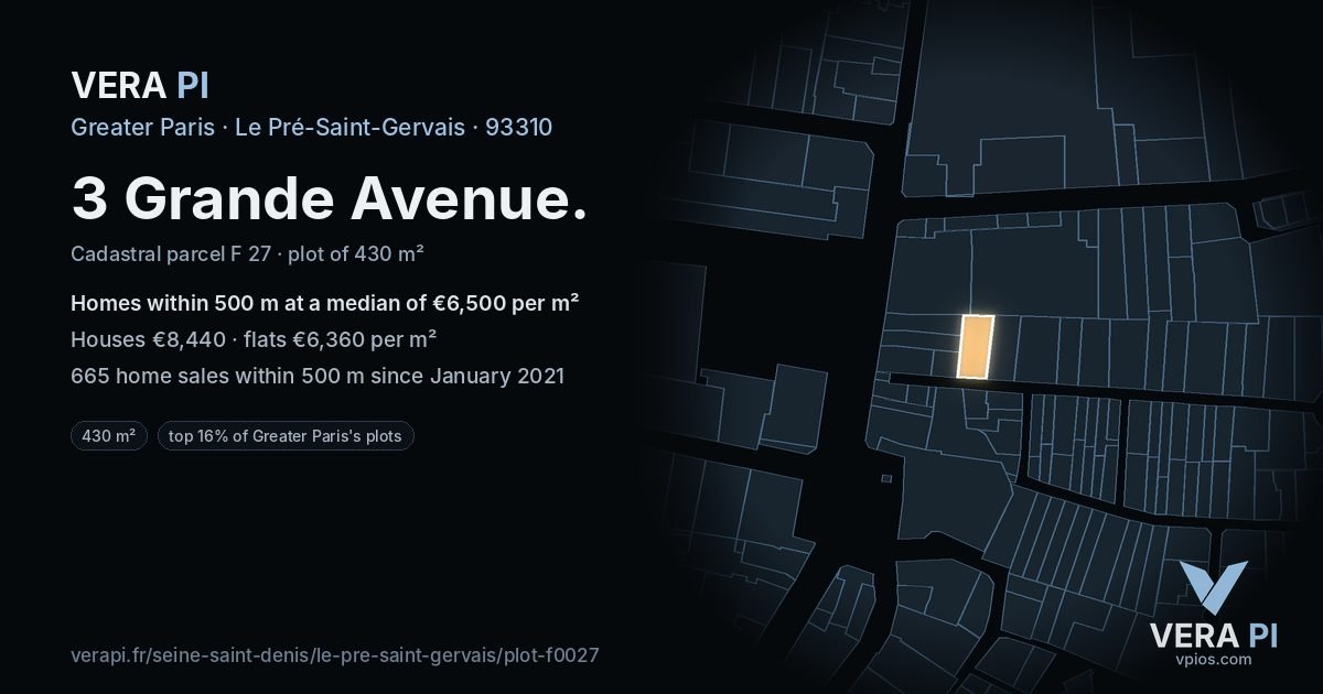 3 Grande Avenue, Le Pré-Saint-Gervais at night – the plot lit, the parcels around coloured by the prices near them