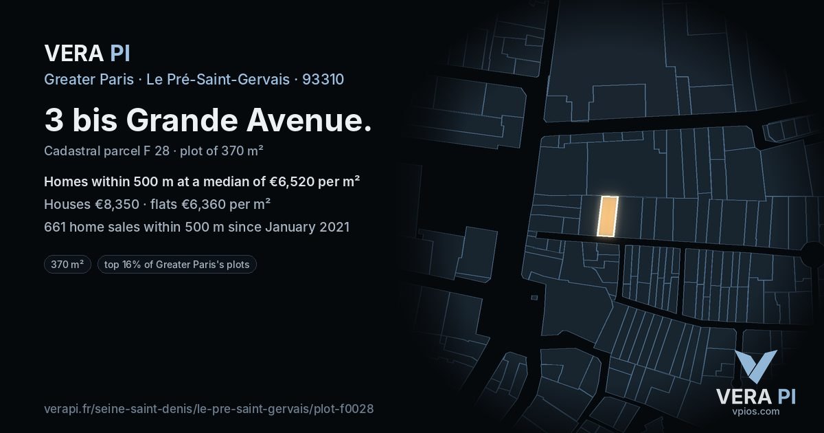 3 bis Grande Avenue, Le Pré-Saint-Gervais at night – the plot lit, the parcels around coloured by the prices near them