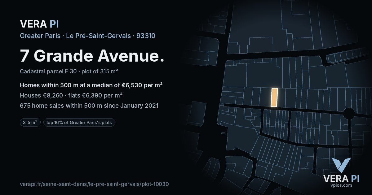 7 Grande Avenue, Le Pré-Saint-Gervais at night – the plot lit, the parcels around coloured by the prices near them