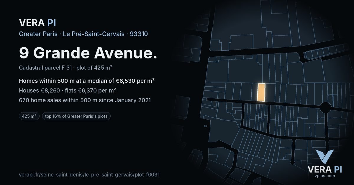 9 Grande Avenue, Le Pré-Saint-Gervais at night – the plot lit, the parcels around coloured by the prices near them