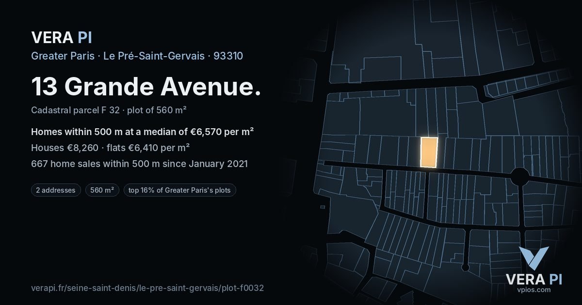 13 Grande Avenue, Le Pré-Saint-Gervais at night – the plot lit, the parcels around coloured by the prices near them