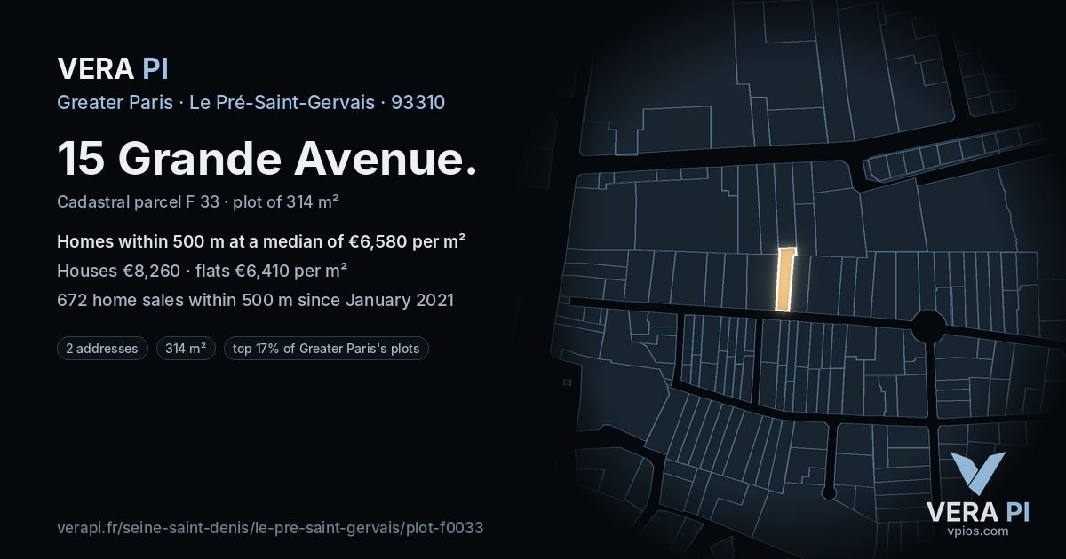 15 Grande Avenue, Le Pré-Saint-Gervais at night – the plot lit, the parcels around coloured by the prices near them