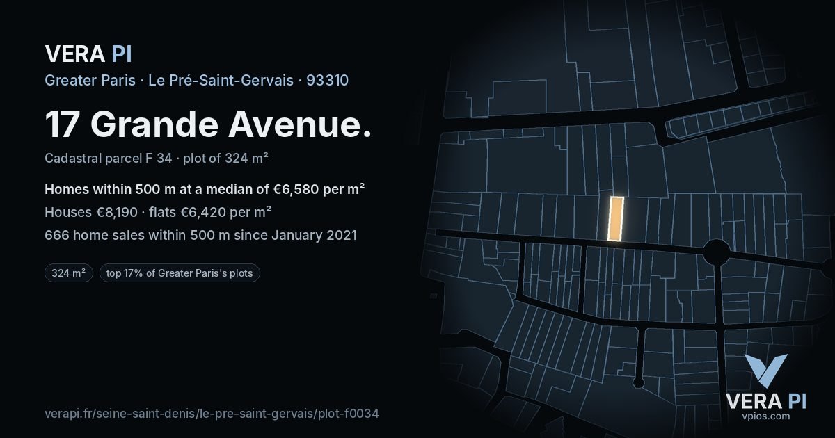17 Grande Avenue, Le Pré-Saint-Gervais at night – the plot lit, the parcels around coloured by the prices near them