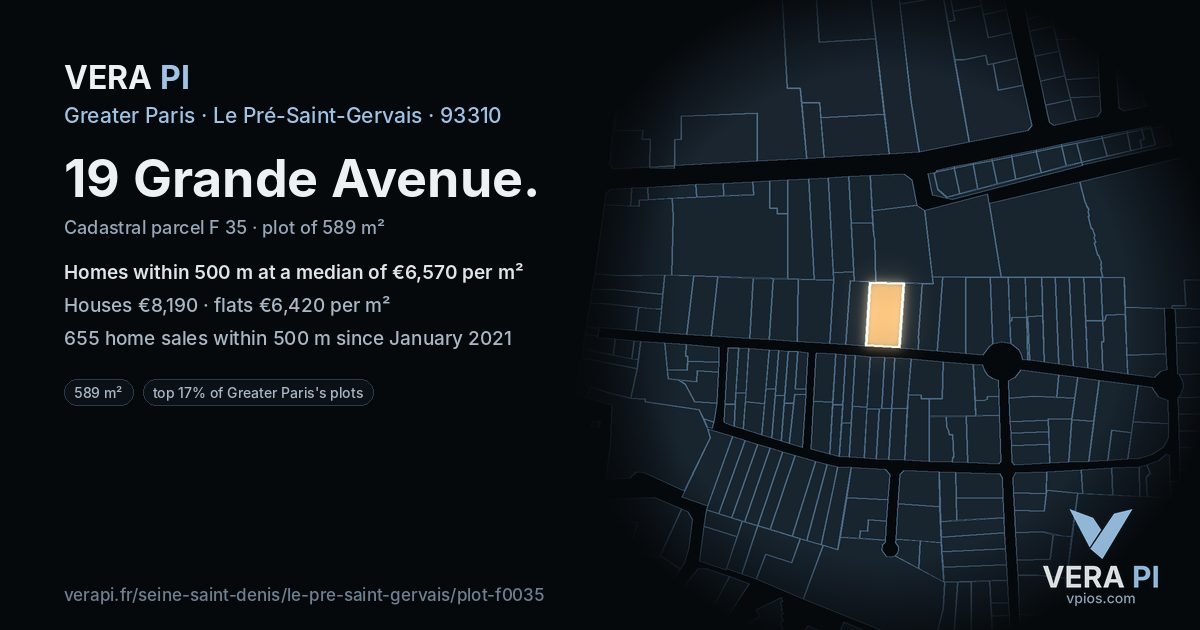 19 Grande Avenue, Le Pré-Saint-Gervais at night – the plot lit, the parcels around coloured by the prices near them