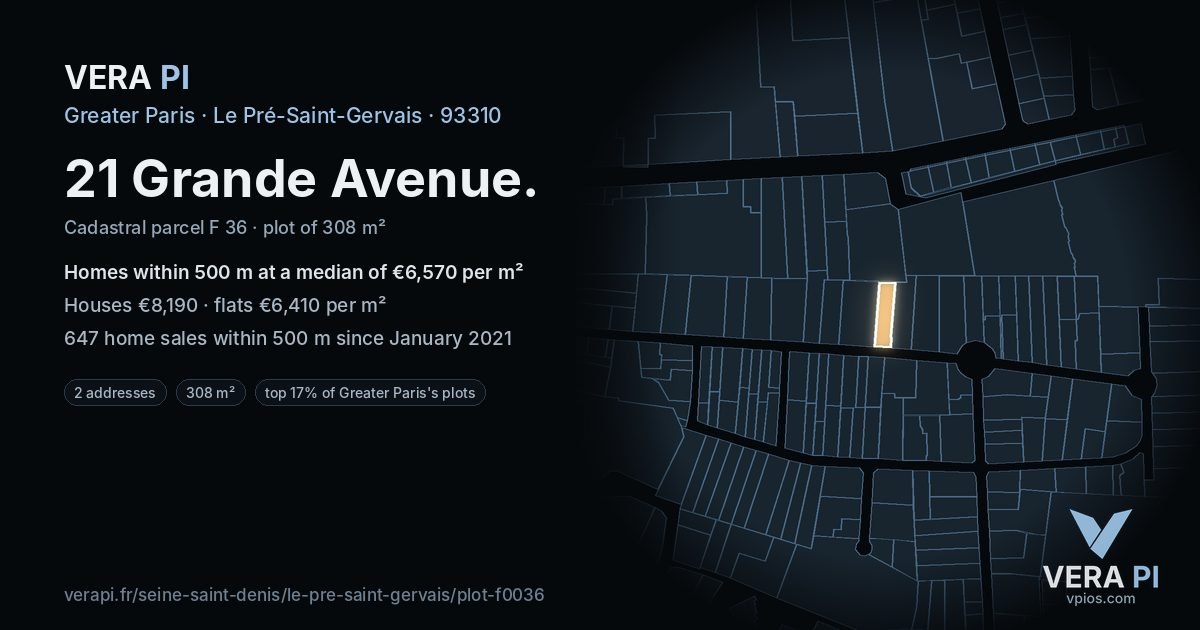 21 Grande Avenue, Le Pré-Saint-Gervais at night – the plot lit, the parcels around coloured by the prices near them