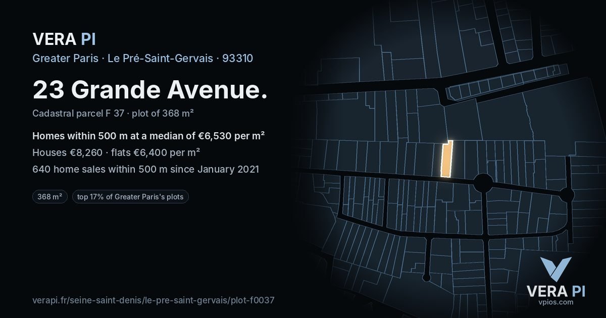 23 Grande Avenue, Le Pré-Saint-Gervais at night – the plot lit, the parcels around coloured by the prices near them