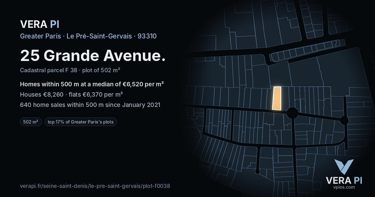 25 Grande Avenue, Le Pré-Saint-Gervais at night – the plot lit, the parcels around coloured by the prices near them