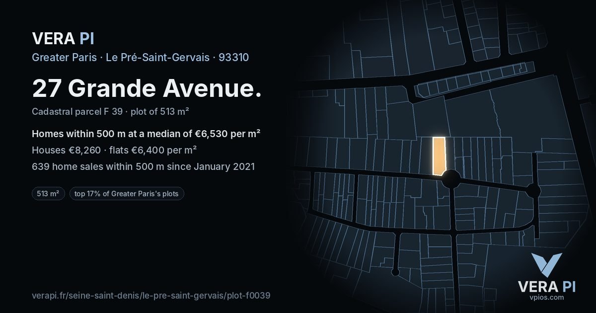 27 Grande Avenue, Le Pré-Saint-Gervais at night – the plot lit, the parcels around coloured by the prices near them