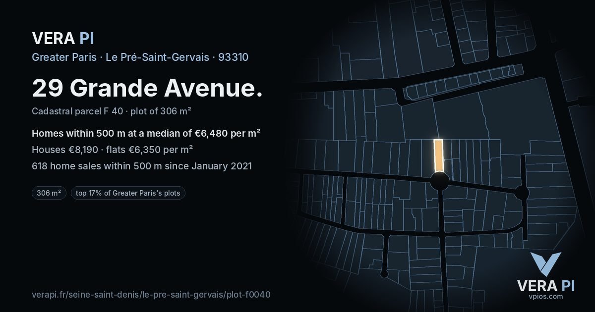 29 Grande Avenue, Le Pré-Saint-Gervais at night – the plot lit, the parcels around coloured by the prices near them