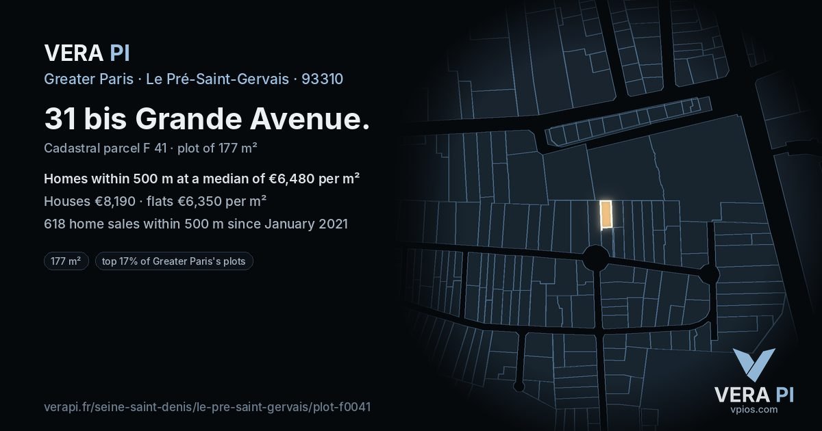 31 bis Grande Avenue, Le Pré-Saint-Gervais at night – the plot lit, the parcels around coloured by the prices near them