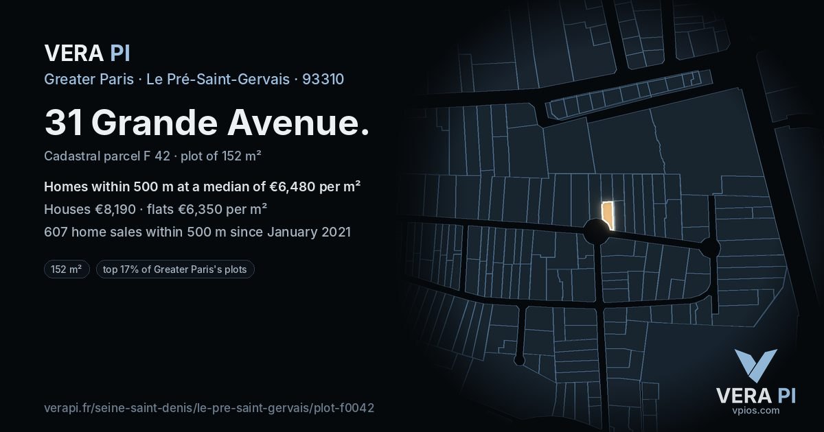 31 Grande Avenue, Le Pré-Saint-Gervais at night – the plot lit, the parcels around coloured by the prices near them