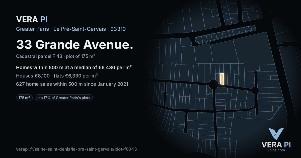 33 Grande Avenue, Le Pré-Saint-Gervais at night – the plot lit, the parcels around coloured by the prices near them
