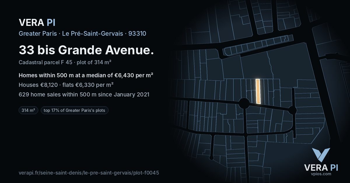 33 bis Grande Avenue, Le Pré-Saint-Gervais at night – the plot lit, the parcels around coloured by the prices near them