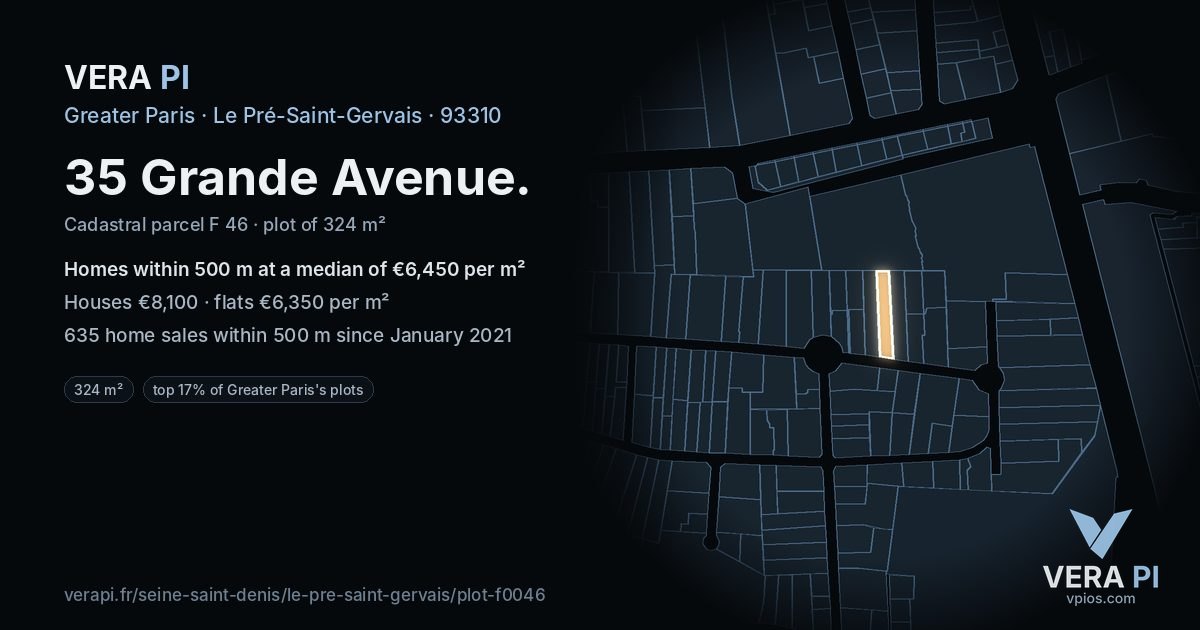35 Grande Avenue, Le Pré-Saint-Gervais at night – the plot lit, the parcels around coloured by the prices near them