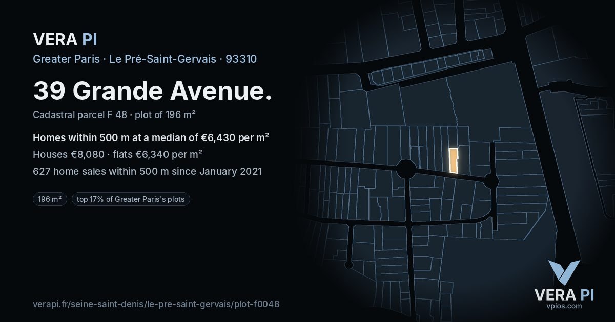 39 Grande Avenue, Le Pré-Saint-Gervais at night – the plot lit, the parcels around coloured by the prices near them