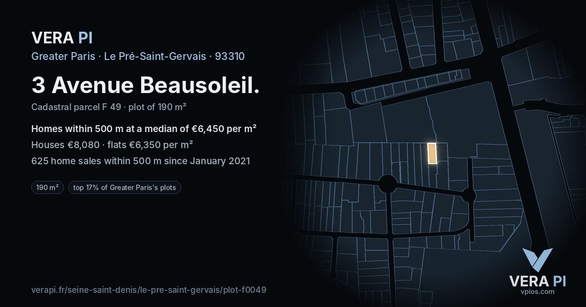3 Avenue Beausoleil, Le Pré-Saint-Gervais at night – the plot lit, the parcels around coloured by the prices near them