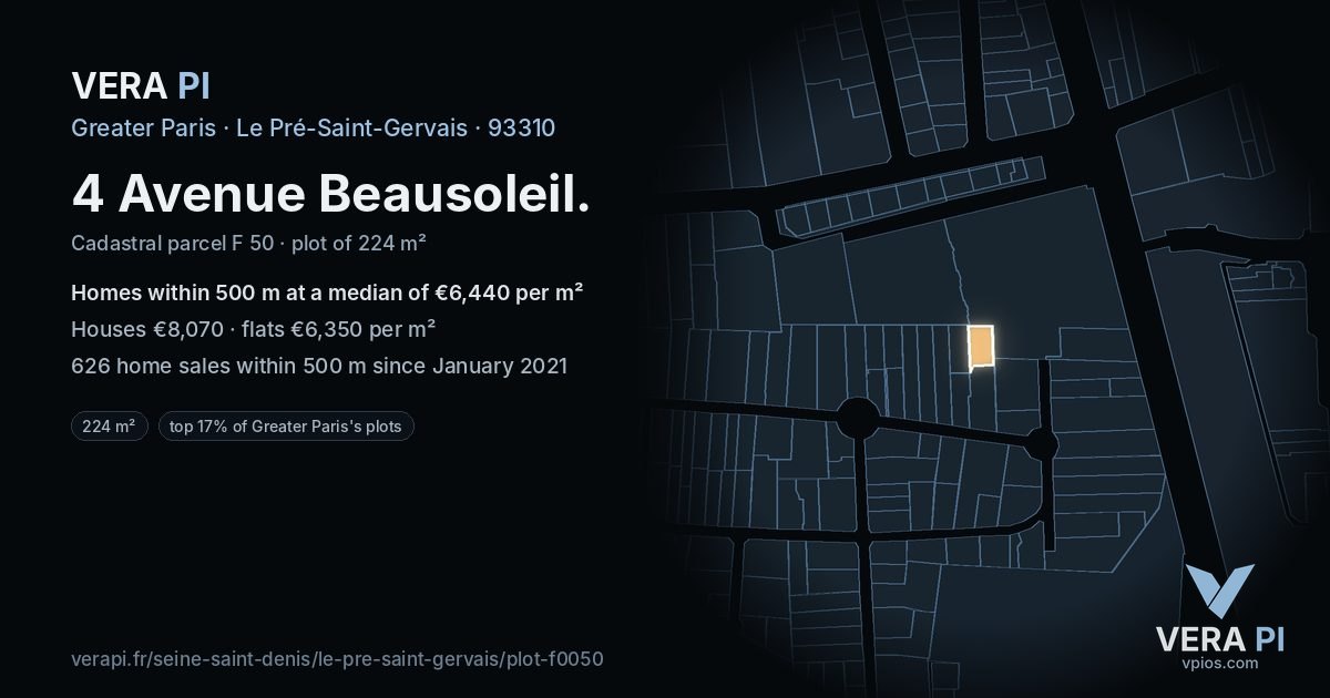 4 Avenue Beausoleil, Le Pré-Saint-Gervais at night – the plot lit, the parcels around coloured by the prices near them