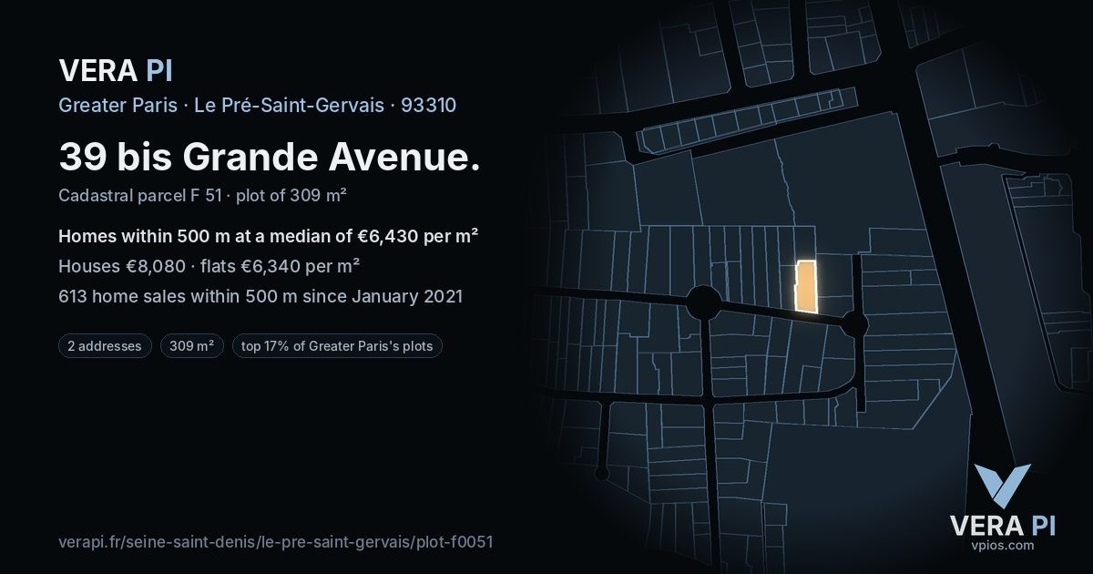 39 bis Grande Avenue, Le Pré-Saint-Gervais at night – the plot lit, the parcels around coloured by the prices near them