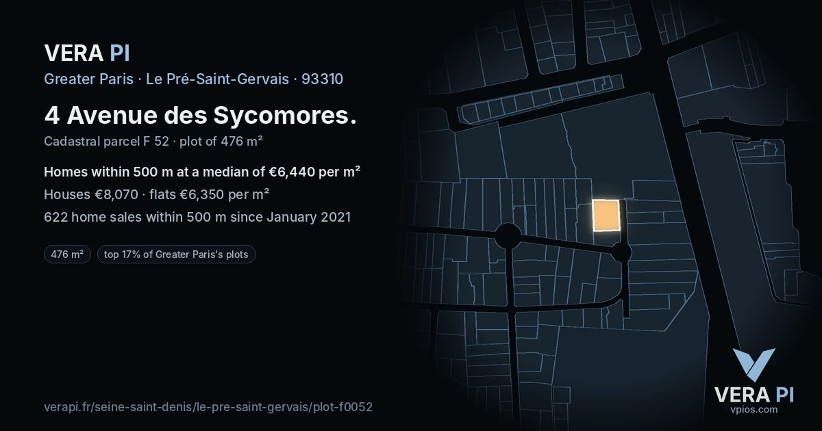 4 Avenue des Sycomores, Le Pré-Saint-Gervais at night – the plot lit, the parcels around coloured by the prices near them