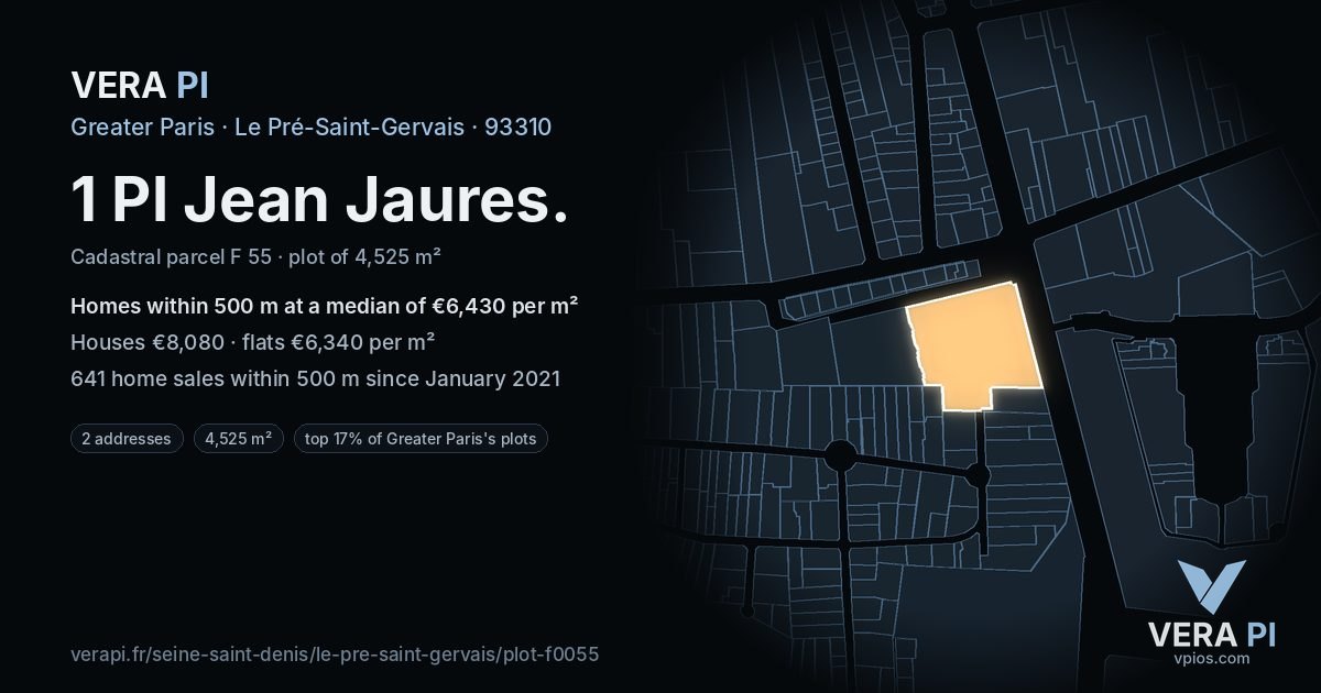 1 Pl Jean Jaures, Le Pré-Saint-Gervais at night – the plot lit, the parcels around coloured by the prices near them