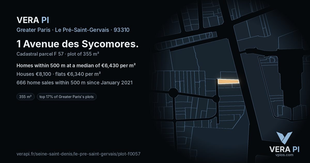 1 Avenue des Sycomores, Le Pré-Saint-Gervais at night – the plot lit, the parcels around coloured by the prices near them
