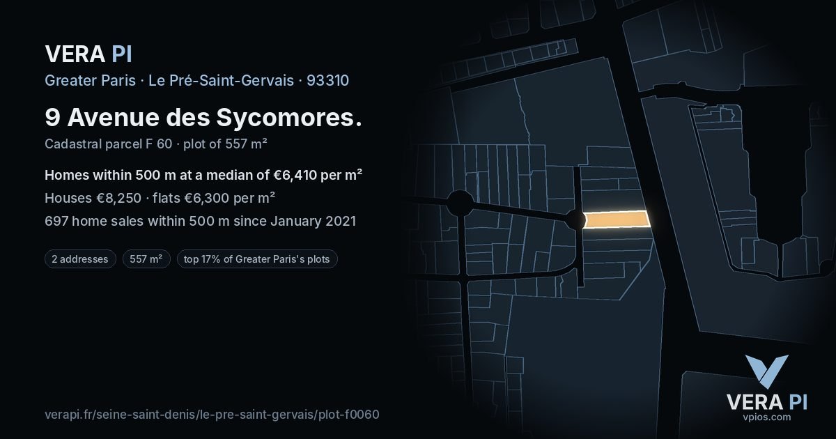 9 Avenue des Sycomores, Le Pré-Saint-Gervais at night – the plot lit, the parcels around coloured by the prices near them