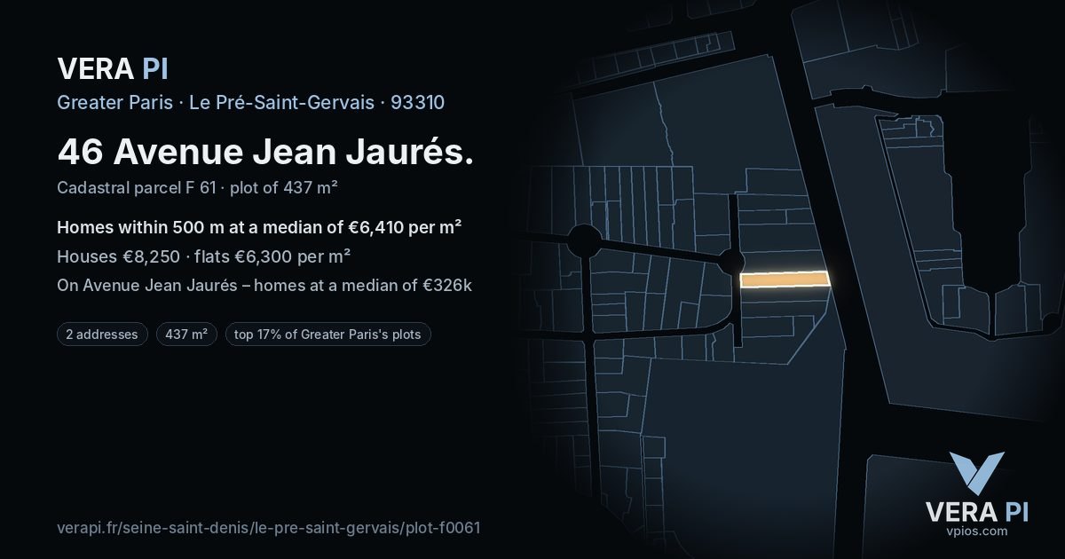 46 Avenue Jean Jaurés, Le Pré-Saint-Gervais at night – the plot lit, the parcels around coloured by the prices near them