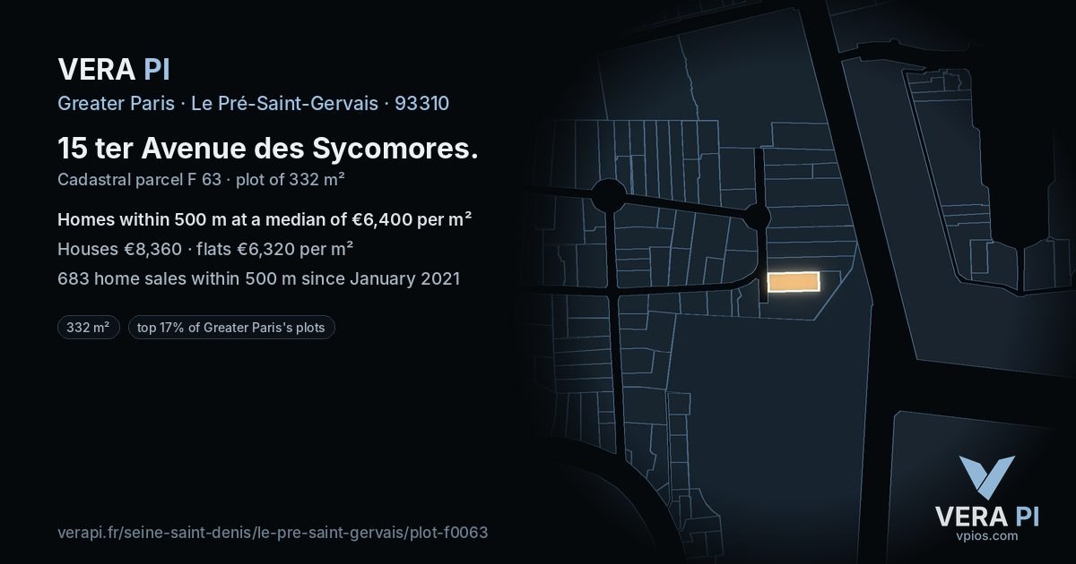 15 ter Avenue des Sycomores, Le Pré-Saint-Gervais at night – the plot lit, the parcels around coloured by the prices near them
