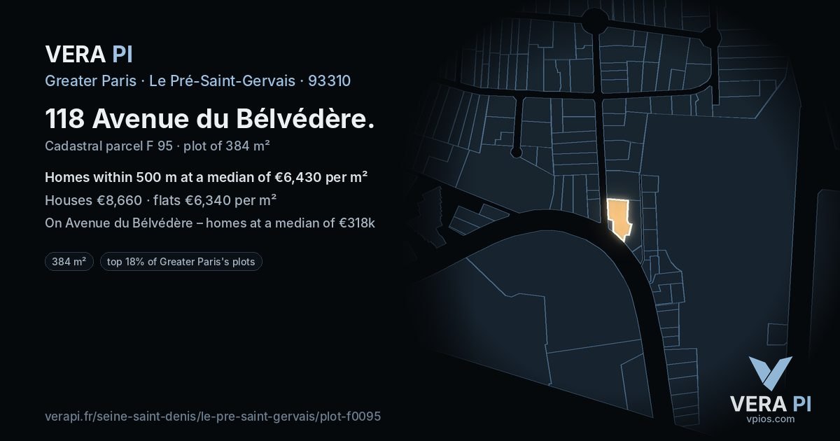 118 Avenue du Bélvédère, Le Pré-Saint-Gervais at night – the plot lit, the parcels around coloured by the prices near them