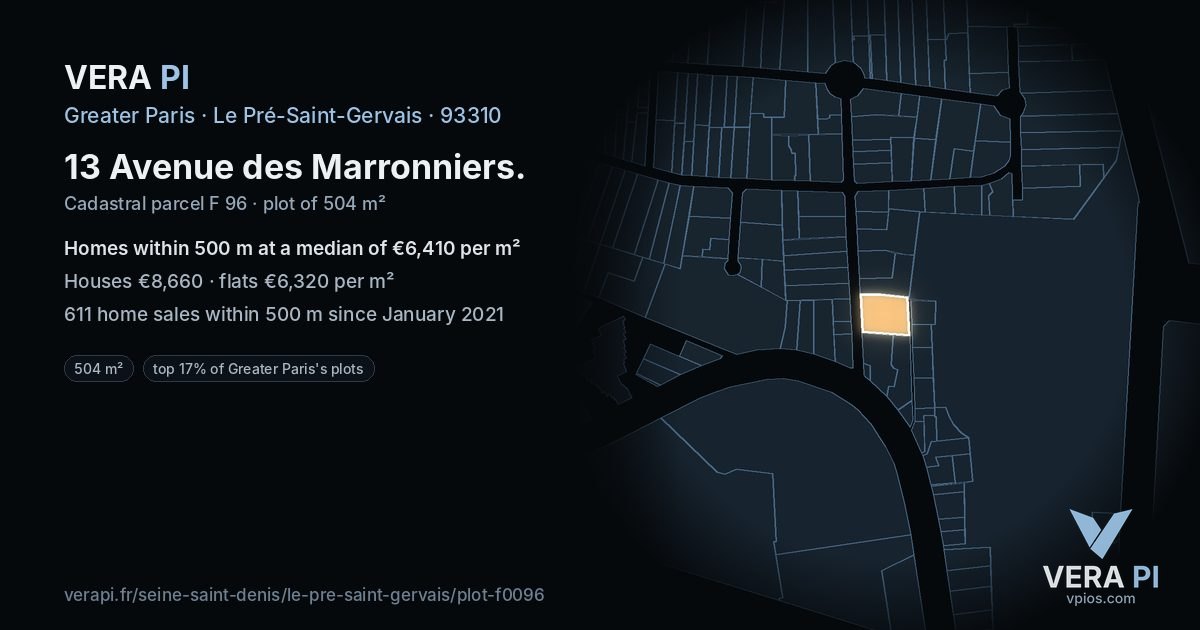13 Avenue des Marronniers, Le Pré-Saint-Gervais at night – the plot lit, the parcels around coloured by the prices near them
