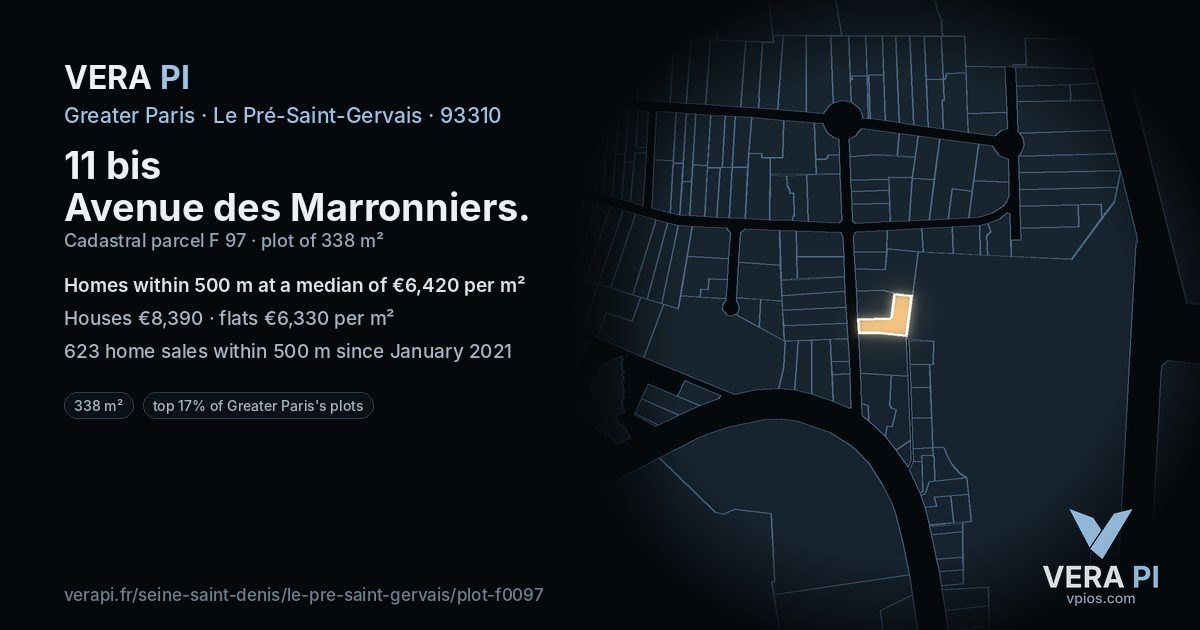 11 bis Avenue des Marronniers, Le Pré-Saint-Gervais at night – the plot lit, the parcels around coloured by the prices near them