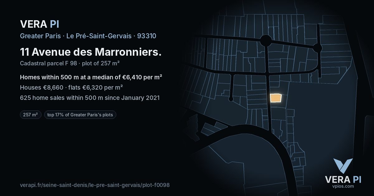11 Avenue des Marronniers, Le Pré-Saint-Gervais at night – the plot lit, the parcels around coloured by the prices near them