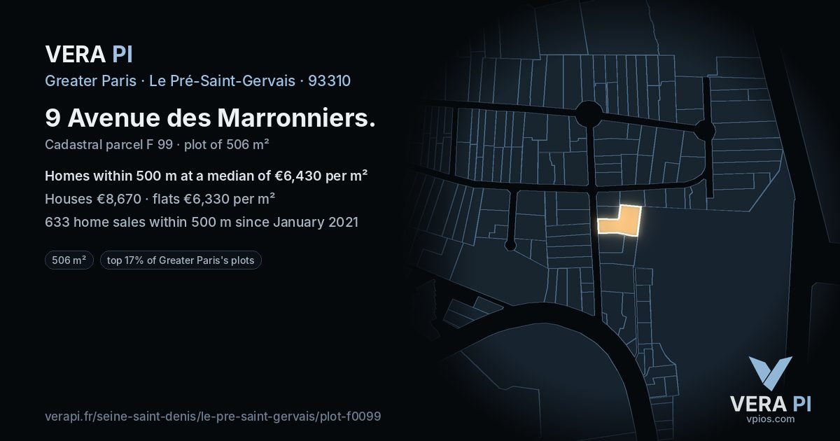 9 Avenue des Marronniers, Le Pré-Saint-Gervais at night – the plot lit, the parcels around coloured by the prices near them