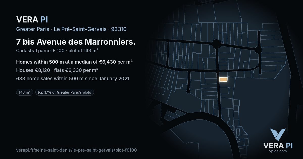 7 bis Avenue des Marronniers, Le Pré-Saint-Gervais at night – the plot lit, the parcels around coloured by the prices near them