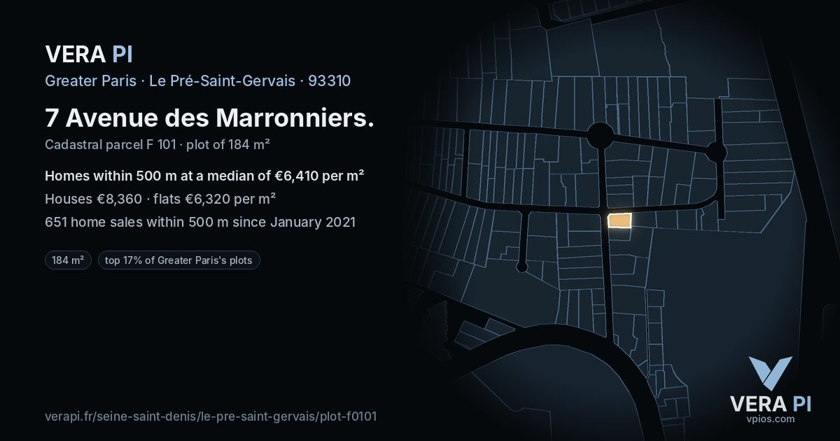 7 Avenue des Marronniers, Le Pré-Saint-Gervais at night – the plot lit, the parcels around coloured by the prices near them