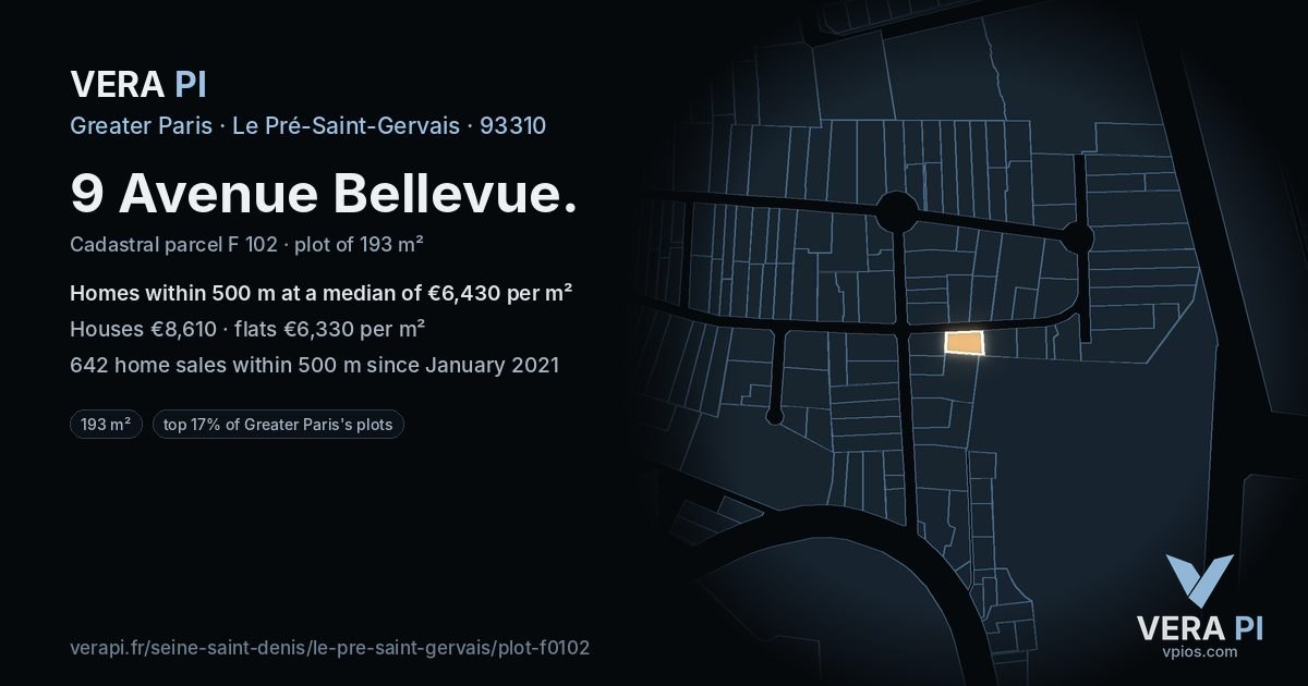 9 Avenue Bellevue, Le Pré-Saint-Gervais at night – the plot lit, the parcels around coloured by the prices near them