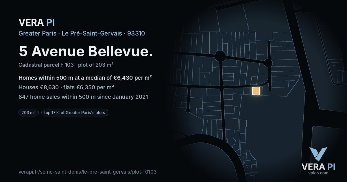 5 Avenue Bellevue, Le Pré-Saint-Gervais at night – the plot lit, the parcels around coloured by the prices near them