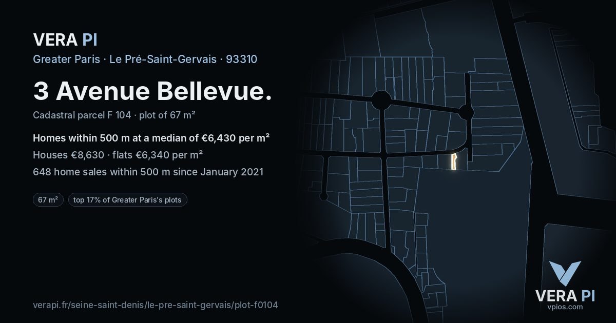 3 Avenue Bellevue, Le Pré-Saint-Gervais at night – the plot lit, the parcels around coloured by the prices near them